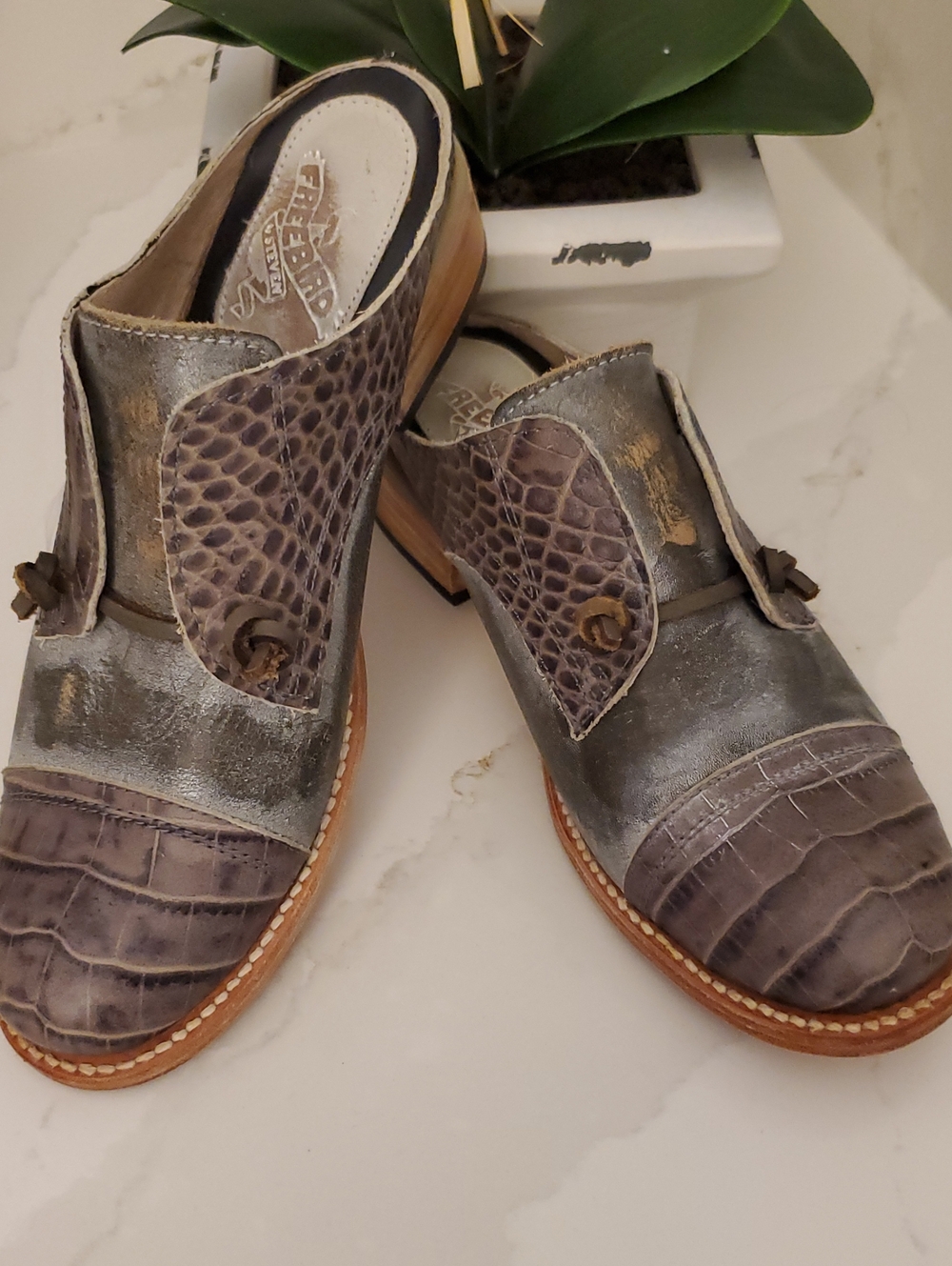 Freebird by Steven Metallic Gray Croc-Accent Slip-On Mules